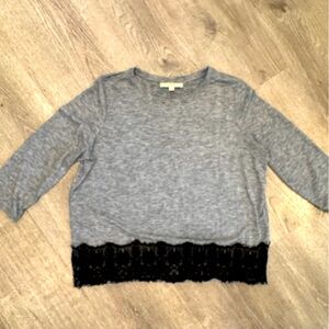 LOFT Heather Gray Top with Black Lace Hem
